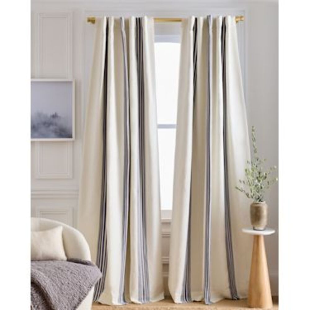 Quince Coastal Stripe Linen Cotton Room Darkening Curtain Ivory/Navy 48X108